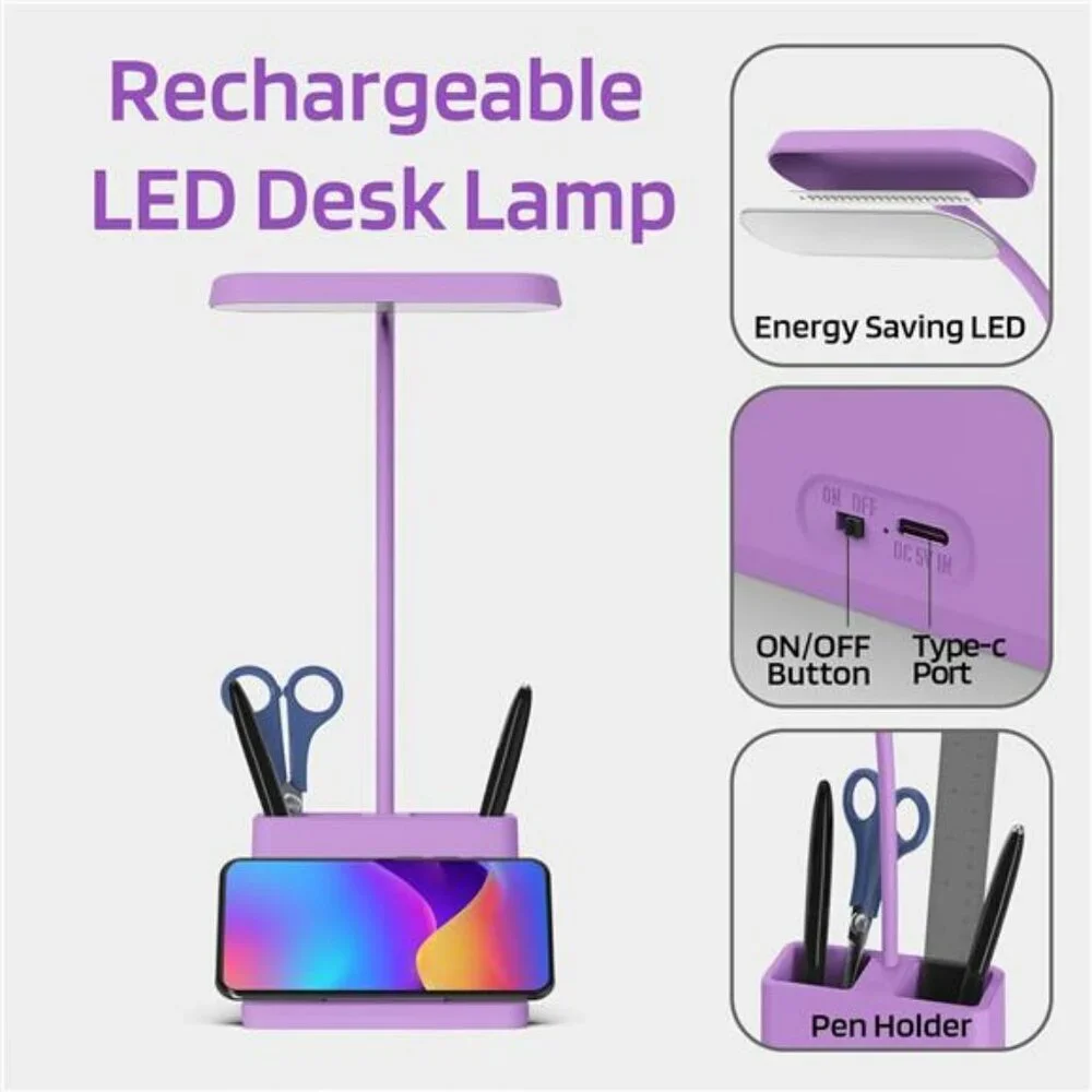 Purple rechargeable desk lamp LED cordless study table light for dorm room offic